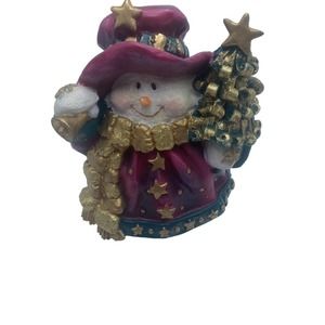 Decorative Snowman Figure Burgundy color Gold Stars Gold Scarf